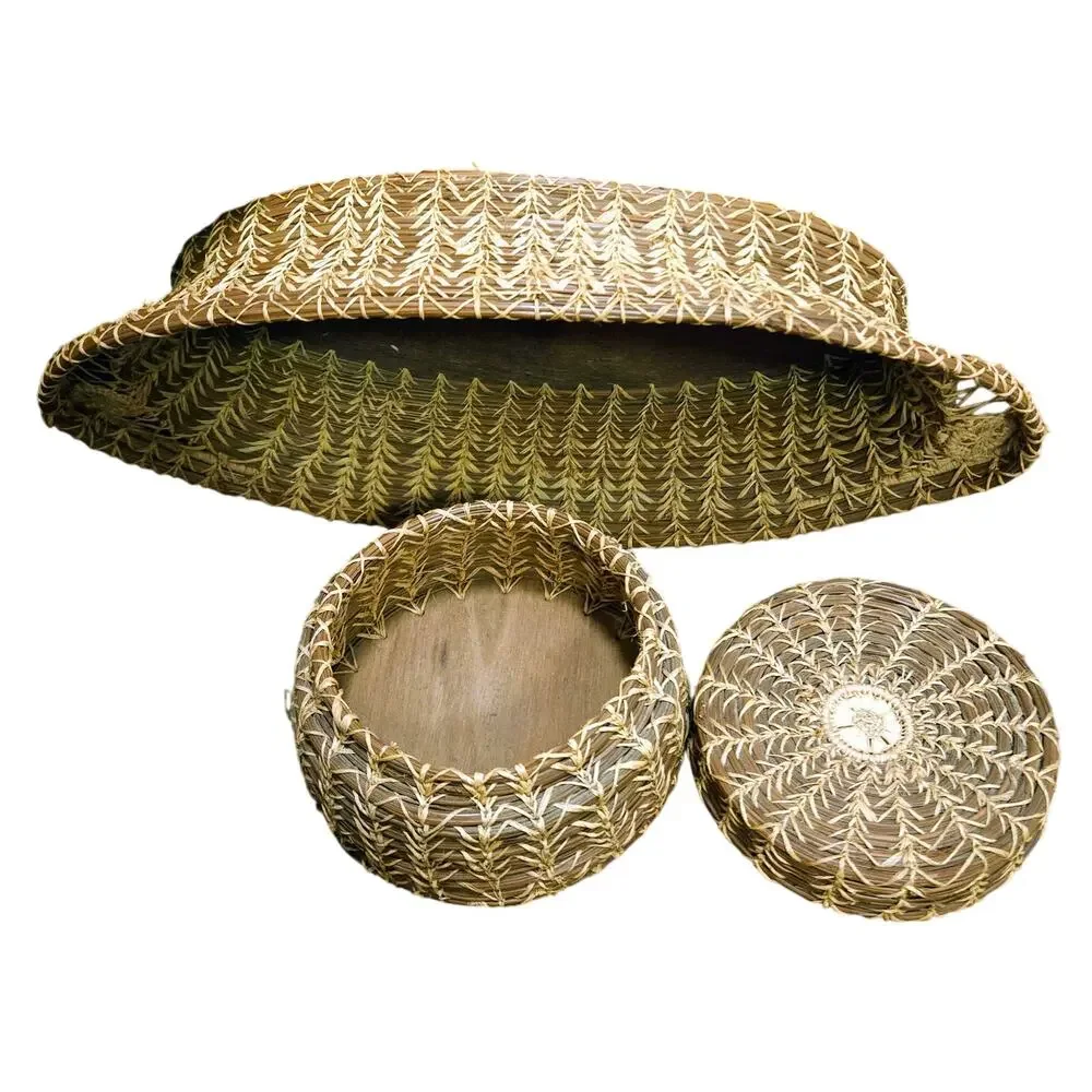 Pine Needle Woven Oval Basket + Round Basket w/Lid, Wooden Bottoms Vintage